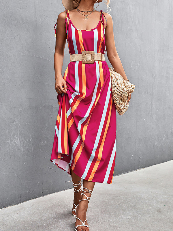 Loose Sleeveless Contrast Color Striped Tied U-Neck Midi Dresses Slip Dress