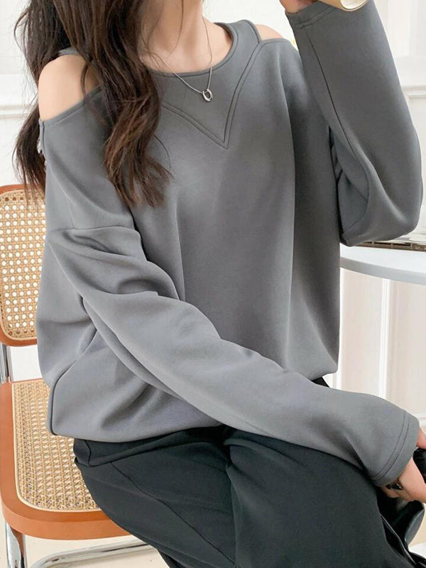 Long Sleeves Loose Hollow Solid Color Cold Shoulder T-Shirts Tops