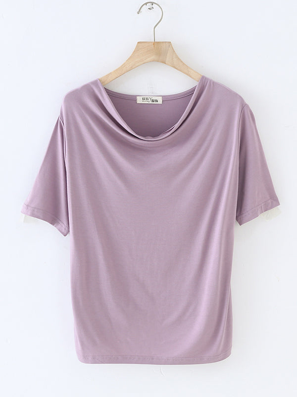 Short Sleeves Pleated Solid Color Heaps Collar T-Shirts Tops