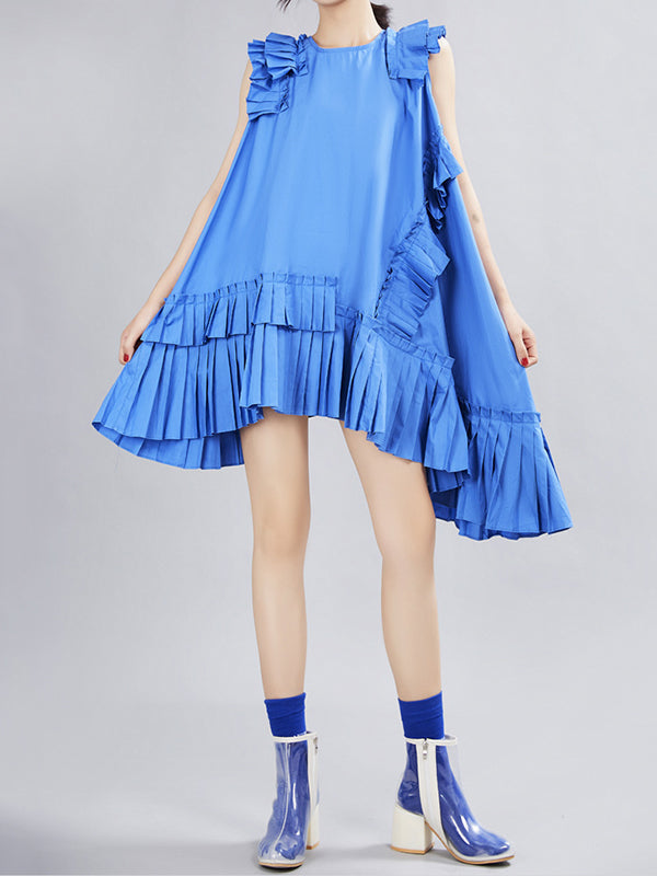 Flying Sleeves Loose Asymmetric Pleated Solid Color Split-Joint Round-Neck Midi Dresses