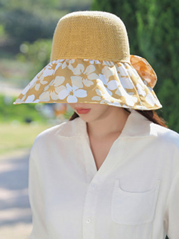 Bowknot Flower Print Pleated Split-Joint Sun Protection Fisherman Hat Sun Hat