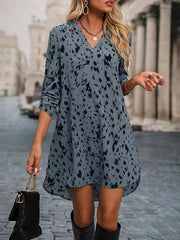 High-Low Long Sleeves Leopard V-Neck Mini Dresses