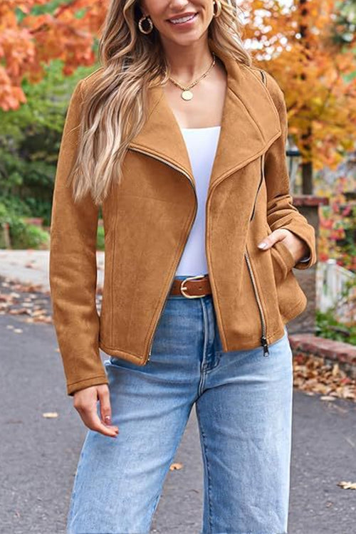 Zip Up Pocketed Faux Suede Moto Jacket