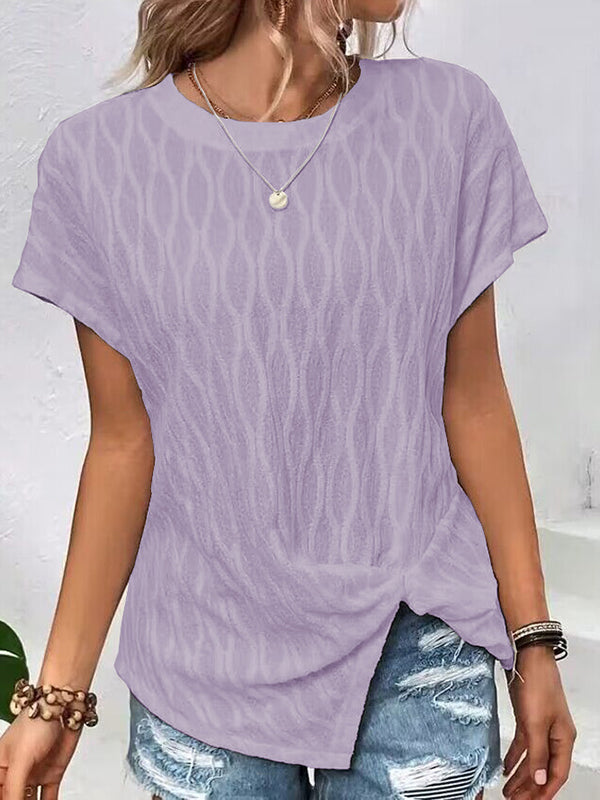 Batwing Sleeves Loose Jacquard Solid Color Split-Front Round-Neck T-Shirts Tops