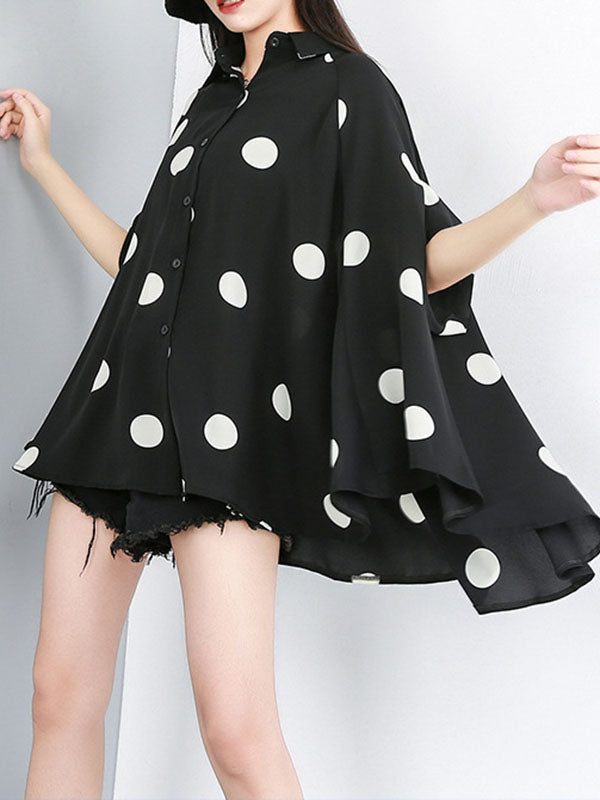 Batwing Sleeves High-Low Polka-Dot Lapel Blouses&Shirts Tops