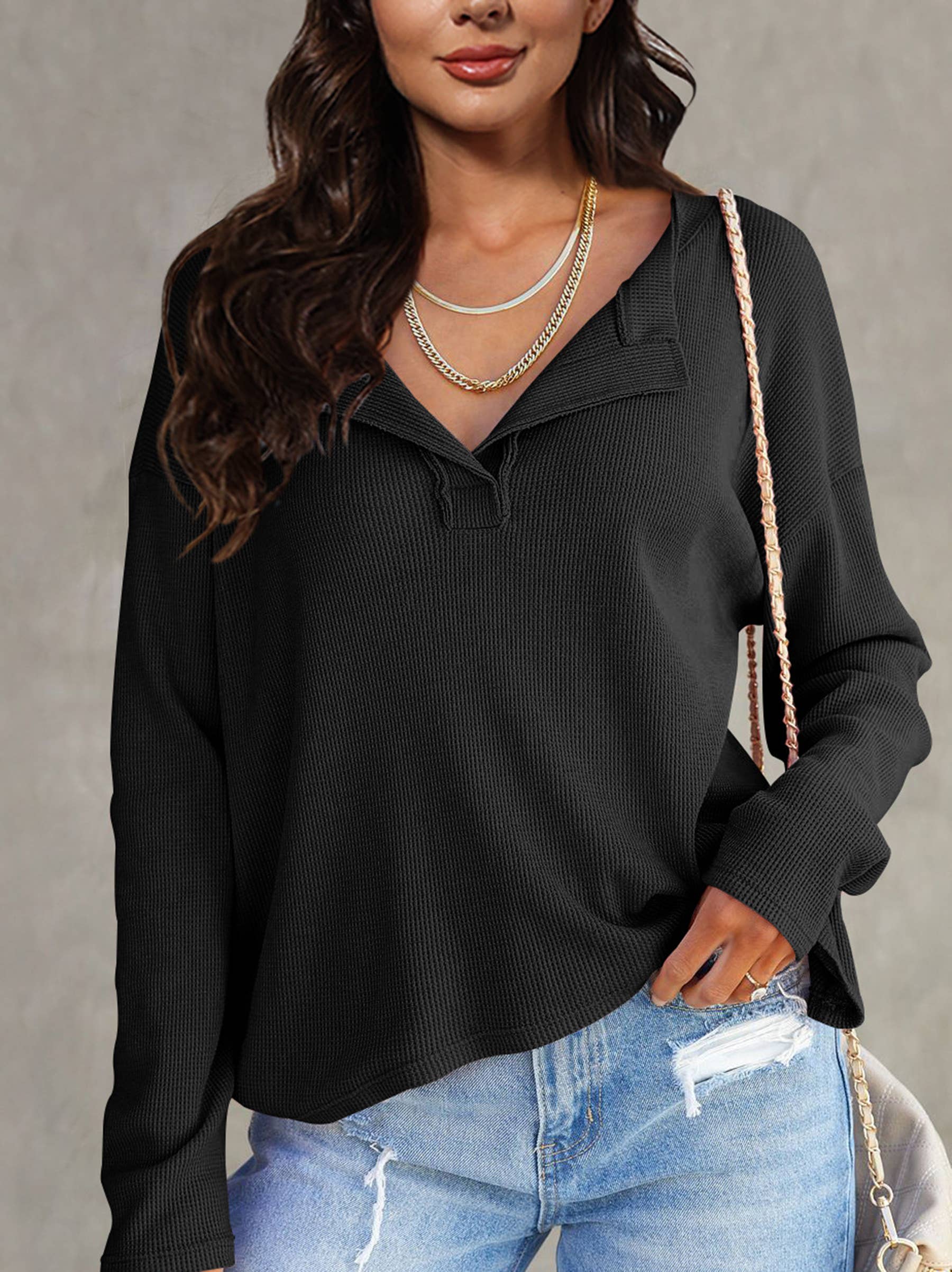 Solid Thread V-Neck Long Sleeve Knit