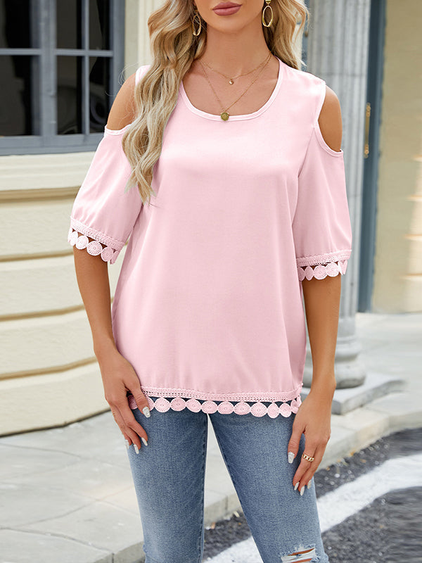 Loose Short Sleeves Solid Color Split-Joint Tasseled Cold Shoulder T-Shirts Tops