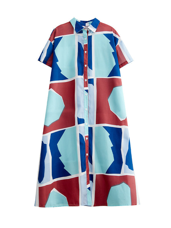 Loose Short Sleeves Cartoon Printed Multi-Colored Lapel Midi Dresses Shirt Dress