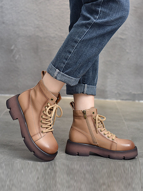 Cow Leather Lace-Up Zipper Martin Booties