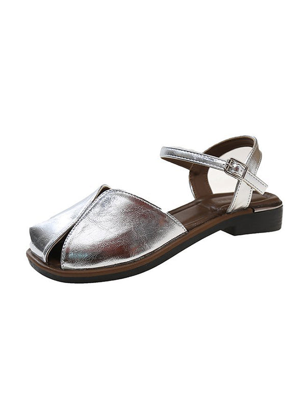 Belt Buckle Hollow Split-Joint Square-Toe Flat Shoes Sandals