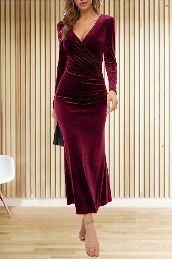 Solid Velvet Long Sleeve V Neck Slim Fit Fishtail Maxi Dress