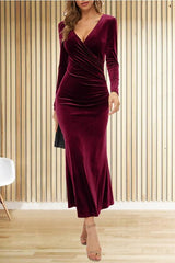 Solid Velvet Long Sleeve V Neck Slim Fit Fishtail Maxi Dress