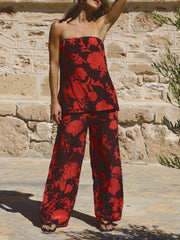 Exquisite Satin Vintage Rose Print Loose Wide-Leg Pants