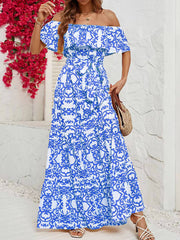 One-Shoulder Short-Sleeve Printed Ruffle Maxi Dress