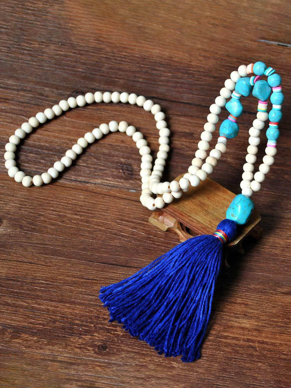 Handmade Wooden Beads Tassel and Peace Charm Pendant Long Necklace