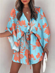 V-Neck Tie Printed Batwing Sleeve Dress