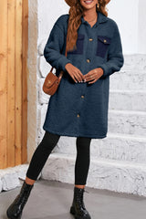 Blue Contrast Flap Pocket Single Breasted Teddy Coat