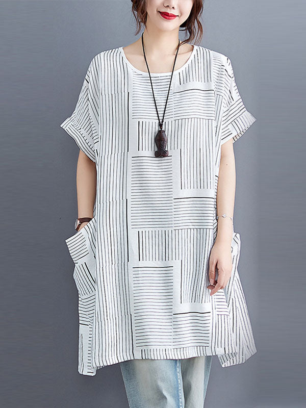 Loose Short Sleeves Striped Round-Neck T-Shirts