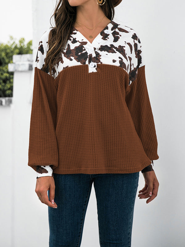 Long Sleeves Loose Buttoned Leopard Printed Split-Joint V-Neck T-Shirts Tops