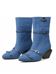 JADY ROSE | CROSS STRAPS DENIM MOTO BOOTS