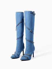 JADY ROSE | DENIM HARDWARE KNEE-HIGH STILETTOS BOOTS