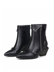 JADY ROSE | BLOCK HEEL LEATHER STRAPS BOOTIE - BLACK