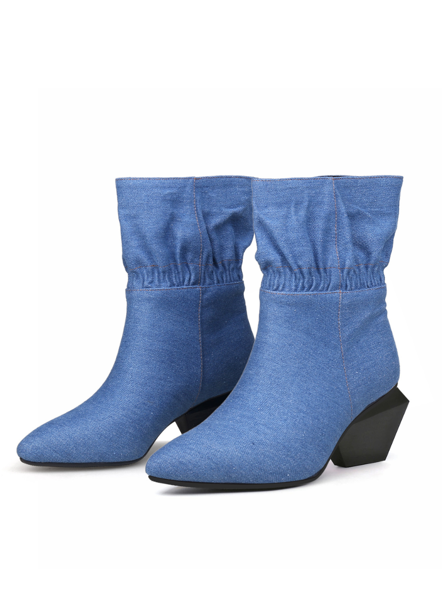 JADY ROSE | BLOCK HEEL RUFFLE ANKLE DENIM BOOTS