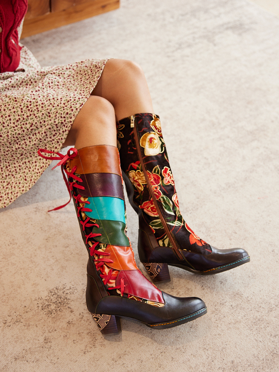 Soffia | Delora Floral Contrast Stripe Wide Calf Leather Knee High Boots