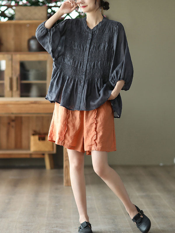 Loose Three-Quarter Sleeves Pleated Solid Color Split-Joint Stand Collar Blouses&Shirts Tops