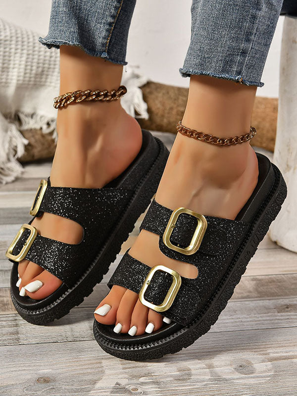 Belt Buckle Hollow Open Toe Shiny Sandals Slippers