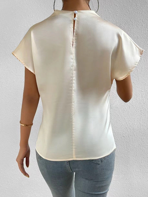 Loose Short Sleeves Pleated Solid Color Mock Neck T-Shirts Tops