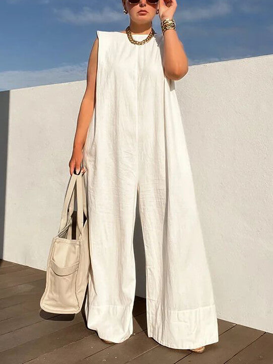 Solid Color Loose Casual Sleeveless Round Neck Wide Leg Trousers Jumpsuit