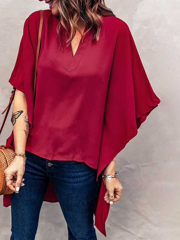 Batwing Sleeves High-low Contrast Color Flower Print Leaves Print Solid Color T-Shirts Tops