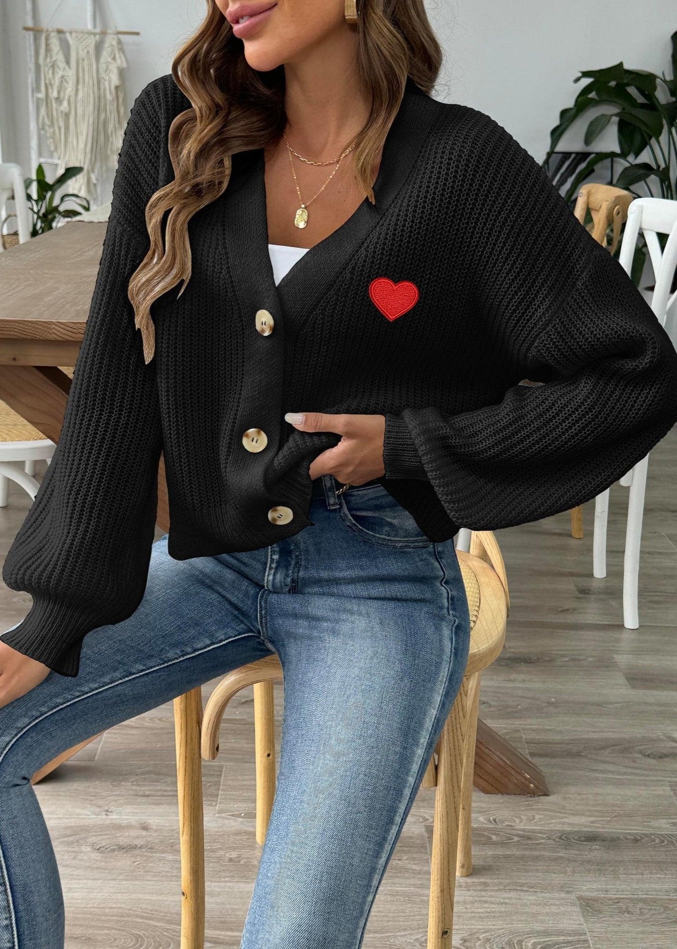 Heart Embroidered Button-Up Knit Cardigan