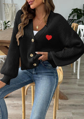 Heart Embroidered Button-Up Knit Cardigan