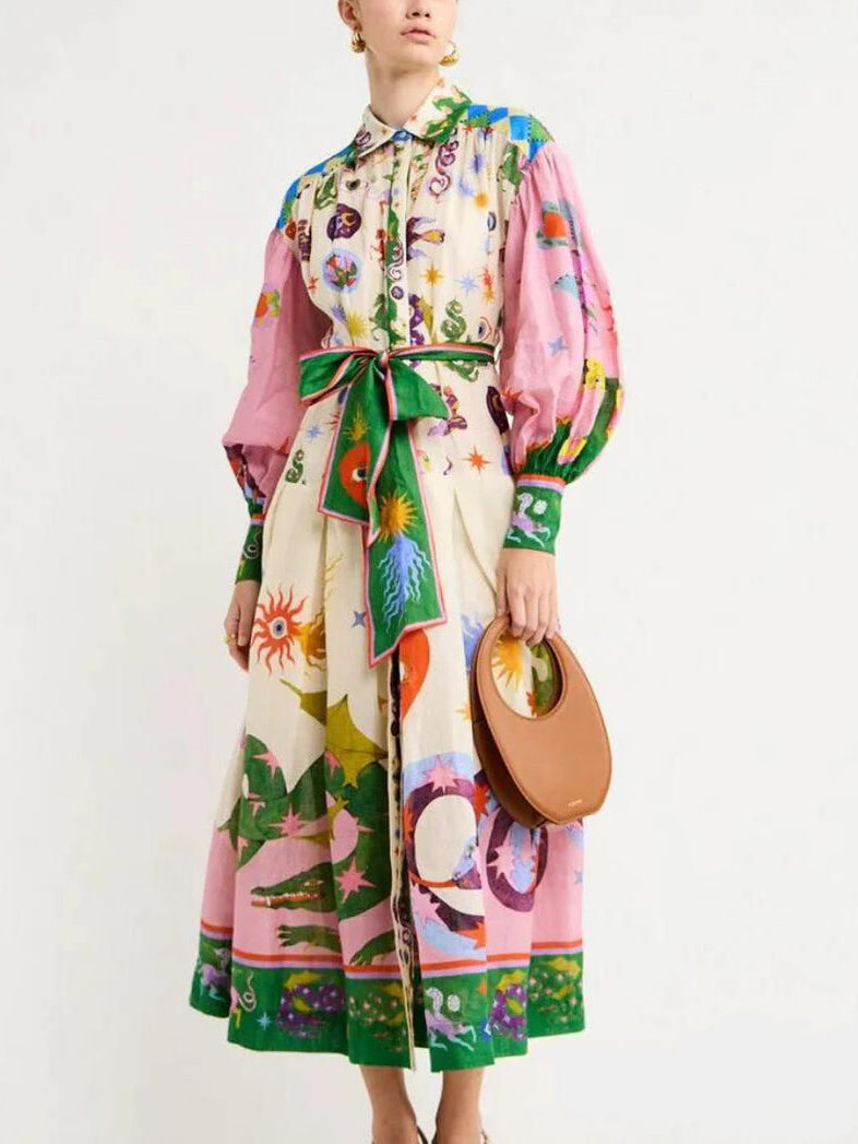 Unique And Beautiful Retro Print Long Sleeve Shirt-Style Midi Dress