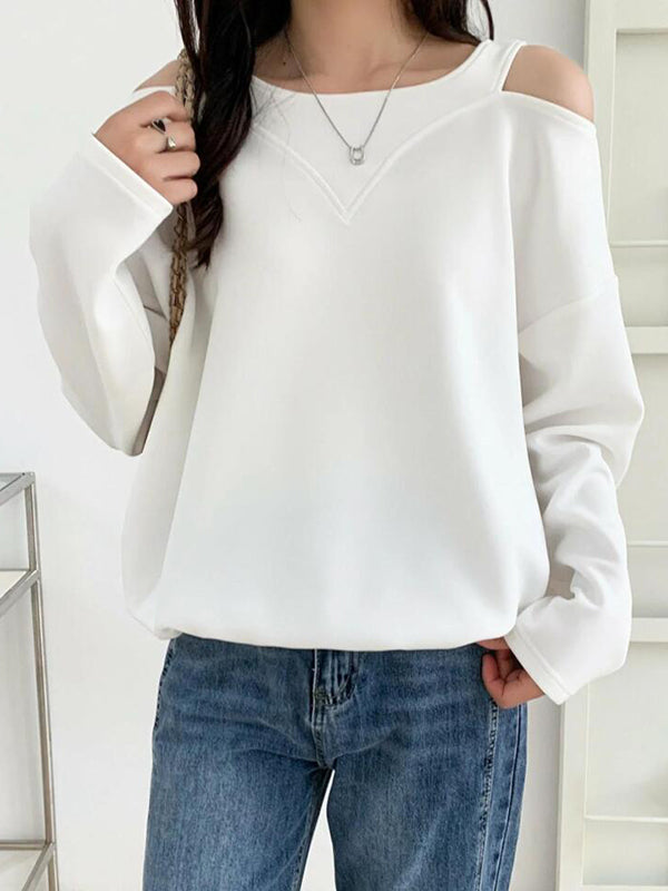 Long Sleeves Loose Hollow Solid Color Cold Shoulder T-Shirts Tops