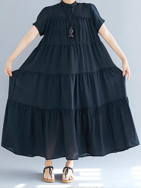 Vintage Loose Split-Joint Pleated Short Sleeves Round-Neck Midi Dress