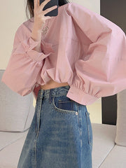 Batwing Sleeves Loose Elasticity Solid Color Round-Neck Blouses&Shirts Tops