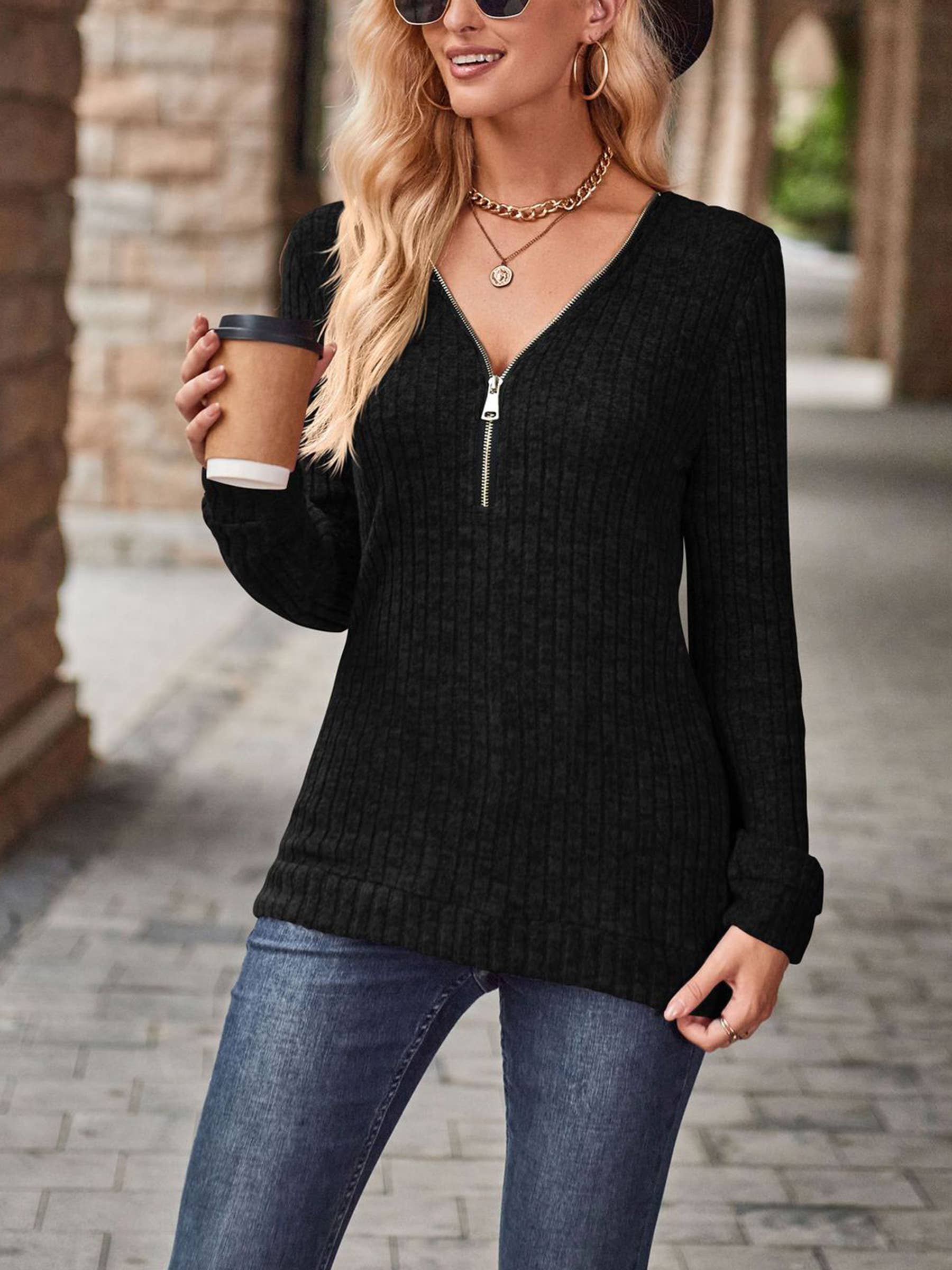 Solid Pit Stripe Brushed Casual V-neck Zipper Top