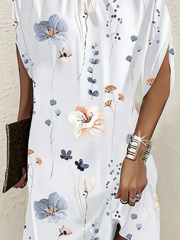 Batwing Sleeves Loose Flower Print Round-Neck Mini Dresses