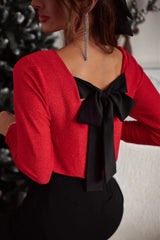 Sweet Bowknot Backless V Neck Long Sleeve Top