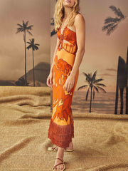 Exquisite Vintage Palm Tree Print Tassel Midi Dress