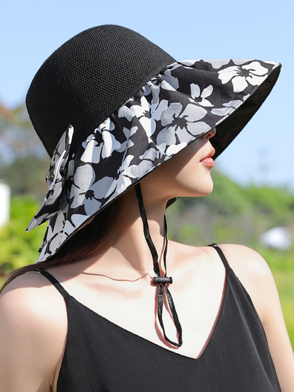 Bowknot Flower Print Pleated Split-Joint Sun Protection Fisherman Hat Sun Hat