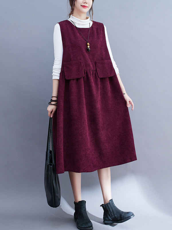 Artistic Retro Loose Sleeveless Solid Color Round-Neck Midi Dresses