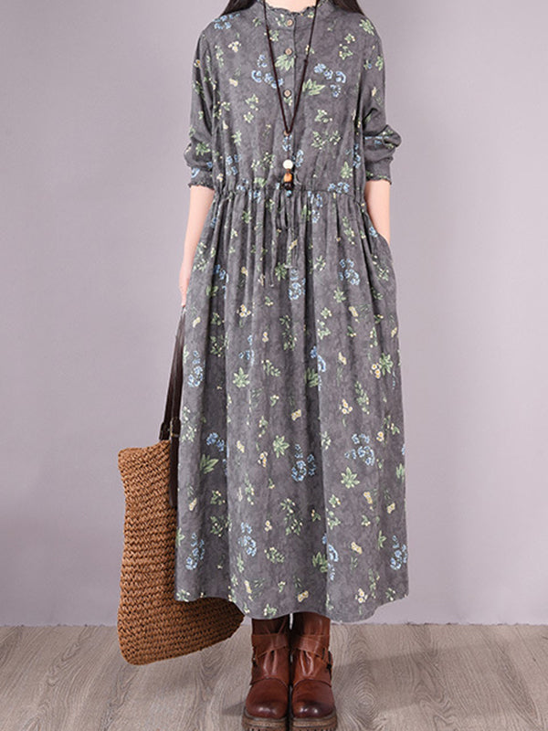 Vintage Floral Printed Ramie Cotton Loose Midi Dress