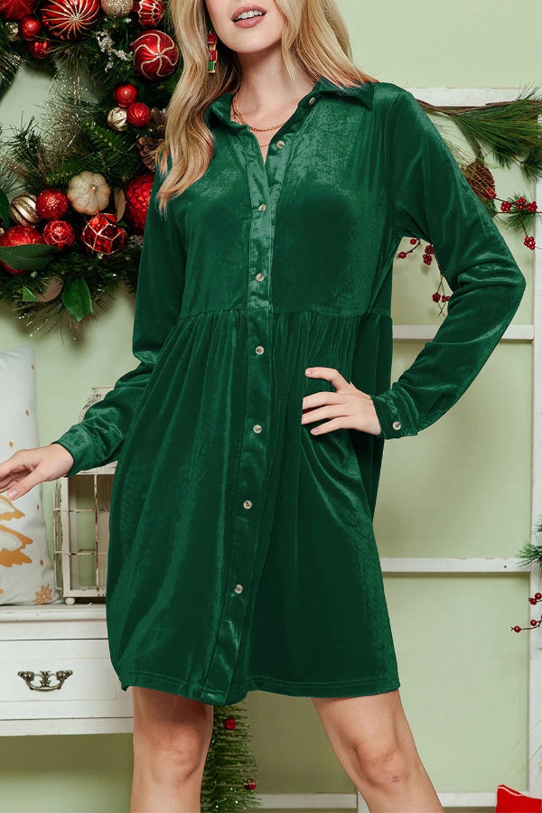 Green Long Sleeve Ruffle Velvet Button Up Shirt Dress