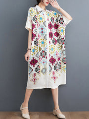 Loose Short Sleeves Ethnic Printed Lapel Midi Dresses