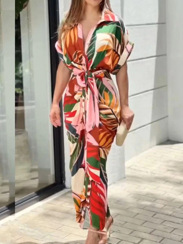 High Waisted Short Sleeves Buttoned Printed Tied Waist Lapel Maxi Dresses Shirt Dress