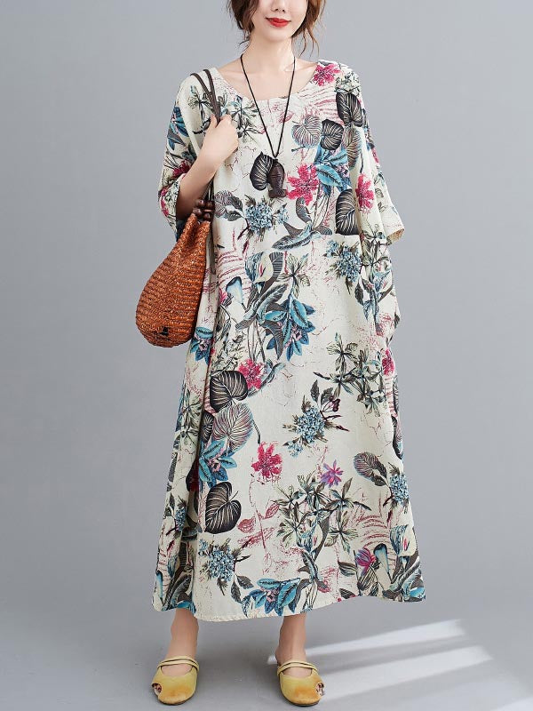 Vintage Floral Round-Neck Dress